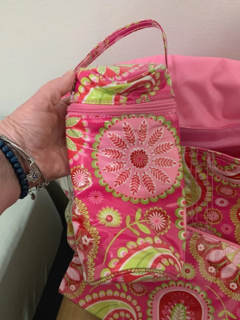 Pink Floral Baby Bag with Green Accents - Stylish Organizer